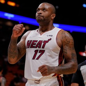 Oct 4, 2021; Miami, Florida, USA; Miami Heat forward P.J. Tucker (17) reacts after committing a foul against the Atlanta Hawks during the first half at FTX Arena. Mandatory Credit: Jasen Vinlove-USA TODAY Sports
